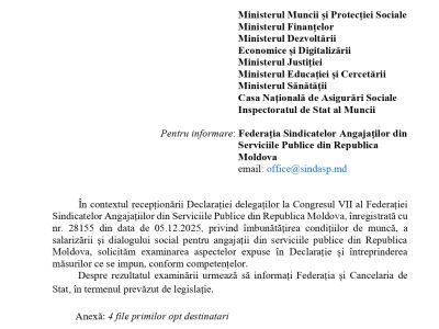 Răspunsul Cancelariei de Stat a Republicii Moldova la Declarația delegaților la Congresul VII al Federației Sindicatelor Angajaților din Serviciile Publice din Republica Moldova