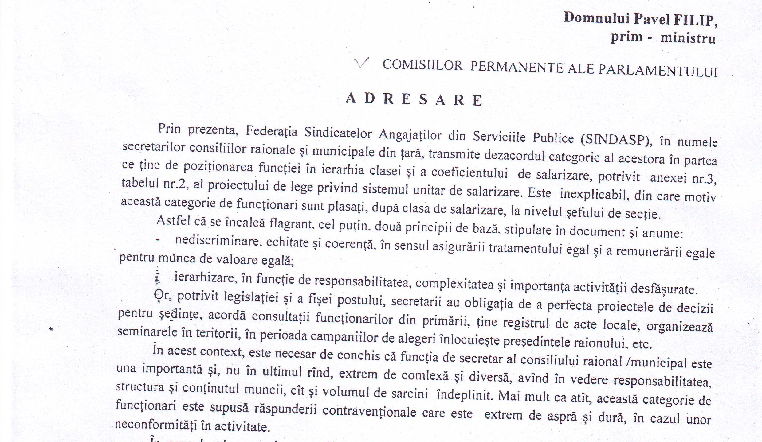 Adresarea Federației SINDASP în numele secretarilor consiliilor raionale/municipale către conducerea țării și fracțiunile parlamentare cu privire la proiectul de lege privind sistemul unitar de salarizare