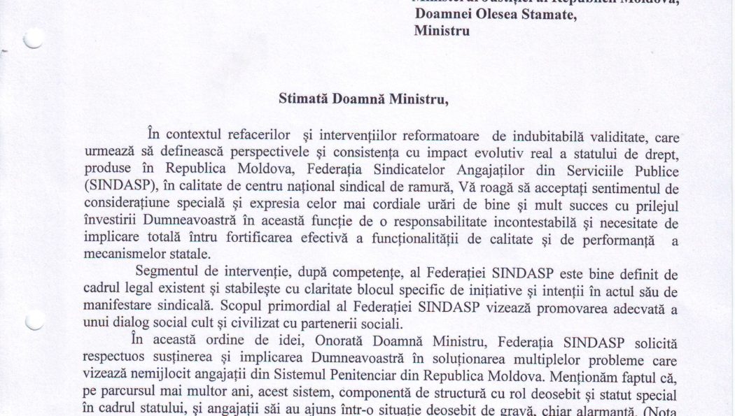 Inițiativa Federației SINDASP întru ameliorarea situației privind condițiile de muncă în sistemul penitenciar din Republica Moldova