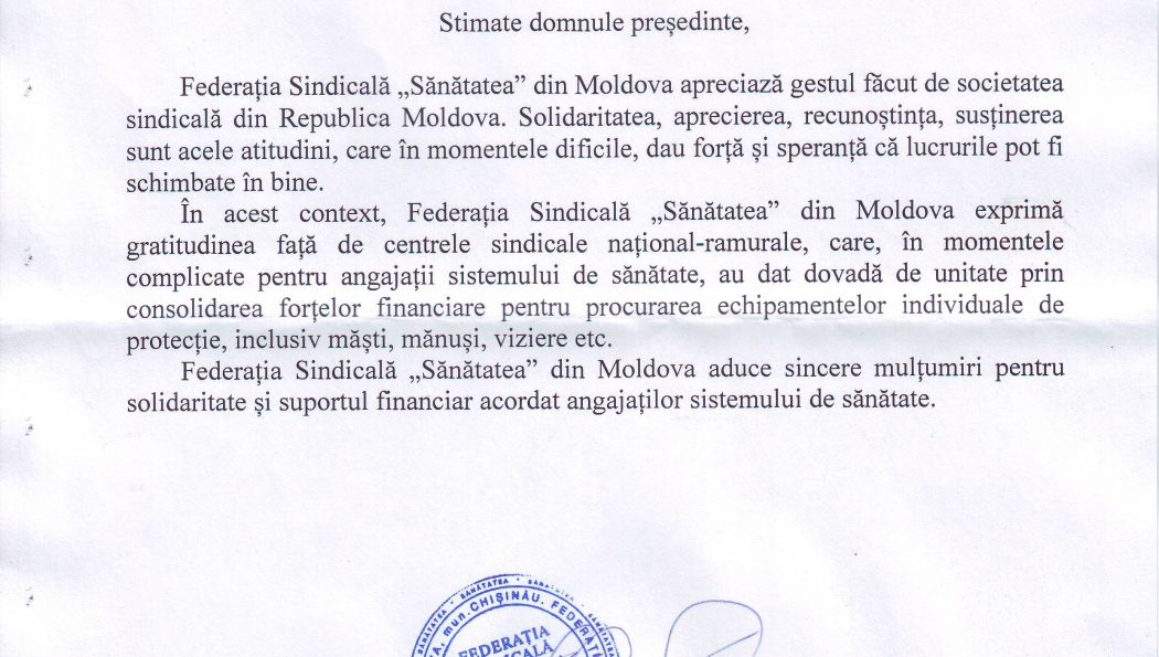 Mesaj de gratitudine adresat Federației SINDASP în lupta cu pandemia COVID-19