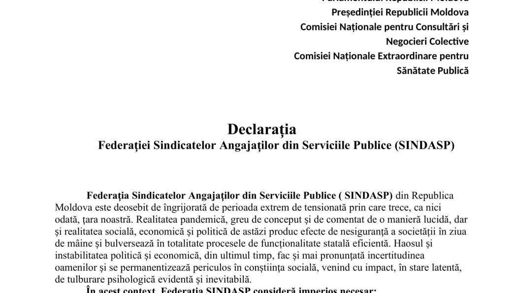 Federația Sindicatelor Angajaților din Serviciile Publice (SINDASP) – îngrijorată de perioada extrem de tensionată prin care trece Republica Moldova la moment