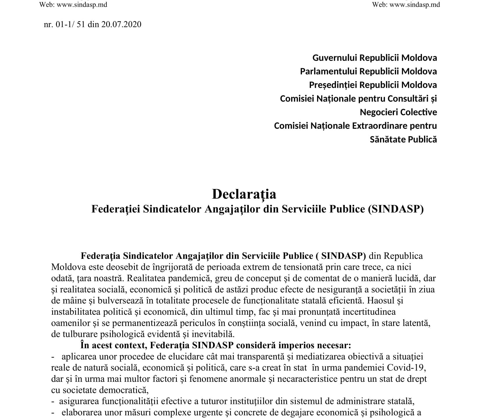 Federația Sindicatelor Angajaților din Serviciile Publice (SINDASP) – îngrijorată de perioada extrem de tensionată prin care trece Republica Moldova la moment
