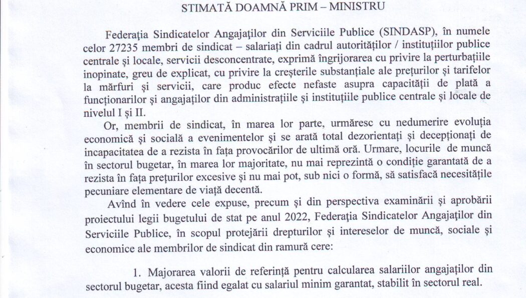Propunerile Federației SINDASP către Guvernul Republicii Moldova din perspectiva examinării și aprobării proiectului legii bugetului de stat pe anul 2022