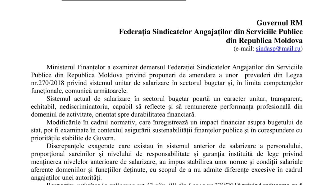 Răspunsul Ministerului Finanțelor la demersul Federației SINDASP cu privire la propuneri de amendare a unor prevederi din Legea nr.270/2018 privind sistemul unitar de salarizare în sectorul bugetar