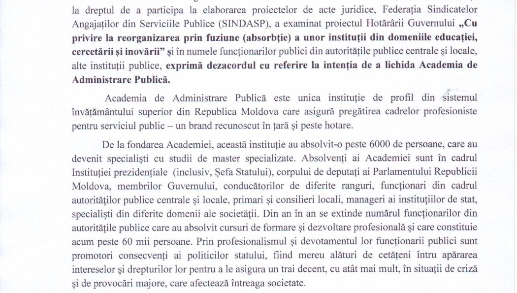 Declarația Federației SINDASP la proiectul Hotărârii Guvernului „Cu privire la reorganizarea prin fuziune (absorbție) a unor instituții din domeniile educației, cercetării și inovării” și anume Academia de Administrare Publică