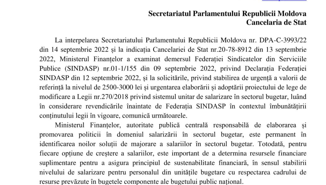 Răspunsul Ministerului Finanțelor la Declarația Federației Sindasp (la indicațiile Guvernului și Parlamentului Republicii Moldova)