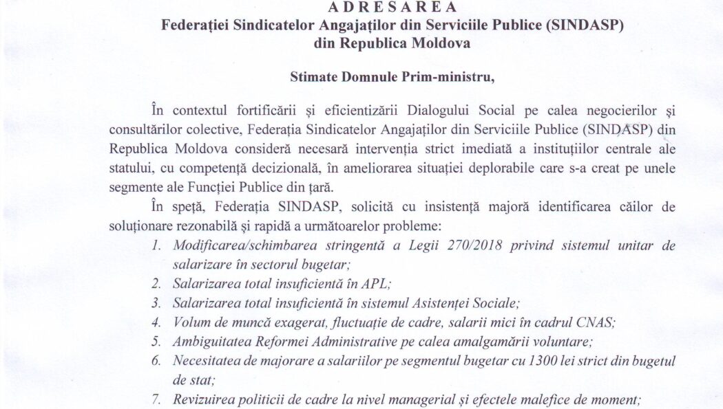 ADRESAREA Federației SINDASP expusă în cadrul întrevederii Sindicatelor cu Prim-ministrul Republicii Moldova