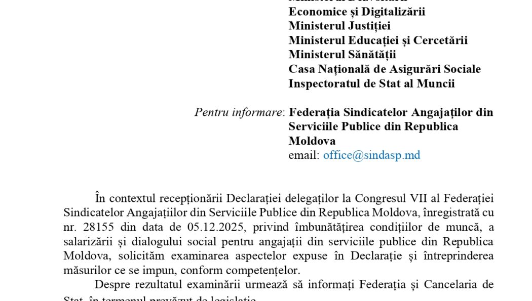 Răspunsul Cancelariei de Stat a Republicii Moldova la Declarația delegaților la Congresul VII al Federației Sindicatelor Angajaților din Serviciile Publice din Republica Moldova