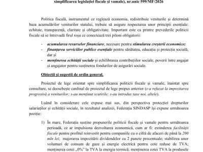 Avizul Federației Sindicatelor Angajaților din Serviciile Publice (SINDASP) cu privire la proiectul de lege pentru modificarea unor acte normative (privind simplificarea legislației fiscale și vamale), nr. unic 599/MF/2026