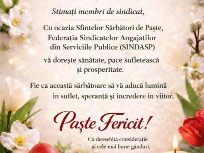 Mesaj de felicitare cu prilejul Sfintelor Sărbători Pascale