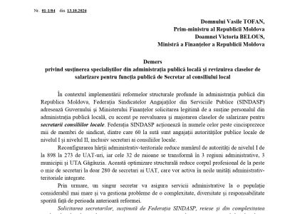 Demersul Federației SINDASP privind susținerea specialiștilor din administrația publică locală și revizuirea claselor de salarizare pentru funcția publică de Secretar al consiliului local