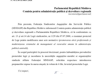 Propunerile Federației SINDASP cu privire la proiectul de lege pentru modificarea unor acte normative (promovarea eticii profesionale și modernizarea sistemului de management al resurselor umane în administrația publică centrală)
