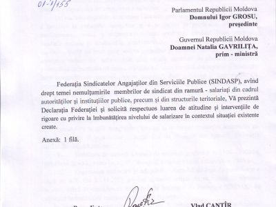 Declarația Federației SINDASP cu privire la nivelul de salarizare, adresată Parlamentului și Guvernului Republicii Moldova