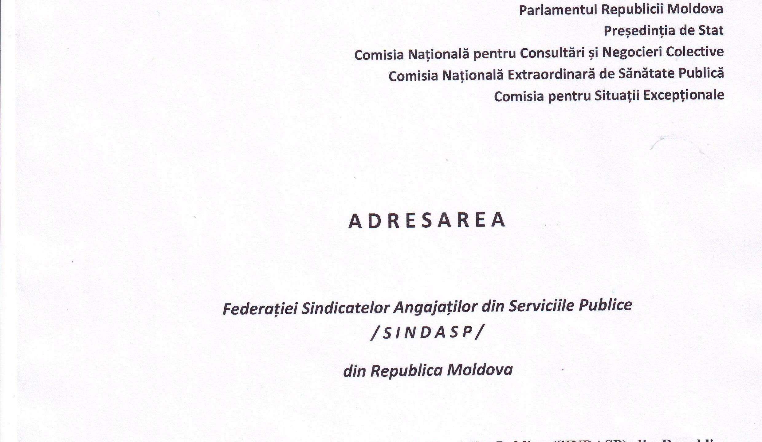 ADRESAREA Federației SINDASP, prin care se solicită anularea Hotărârii CNESP nr.33 din 28.09.2020, privind acordarea indemnizației unice în mărime de 16.000 lei angajaților instituțiilor bugetare care s-au infectat cu Covid-19