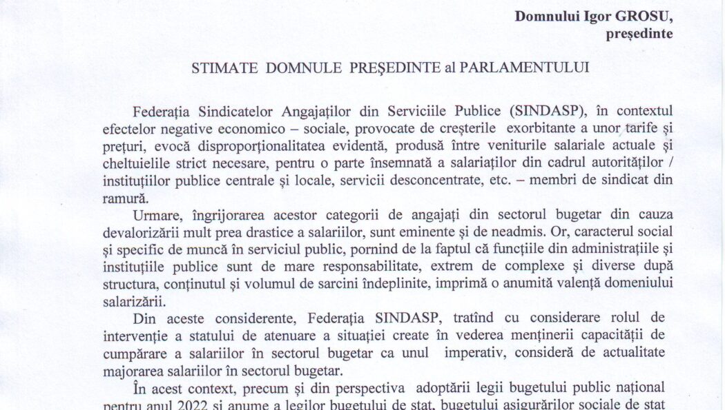 Cerințele Federației SINDASP expediate Parlamentului Republicii Moldova
