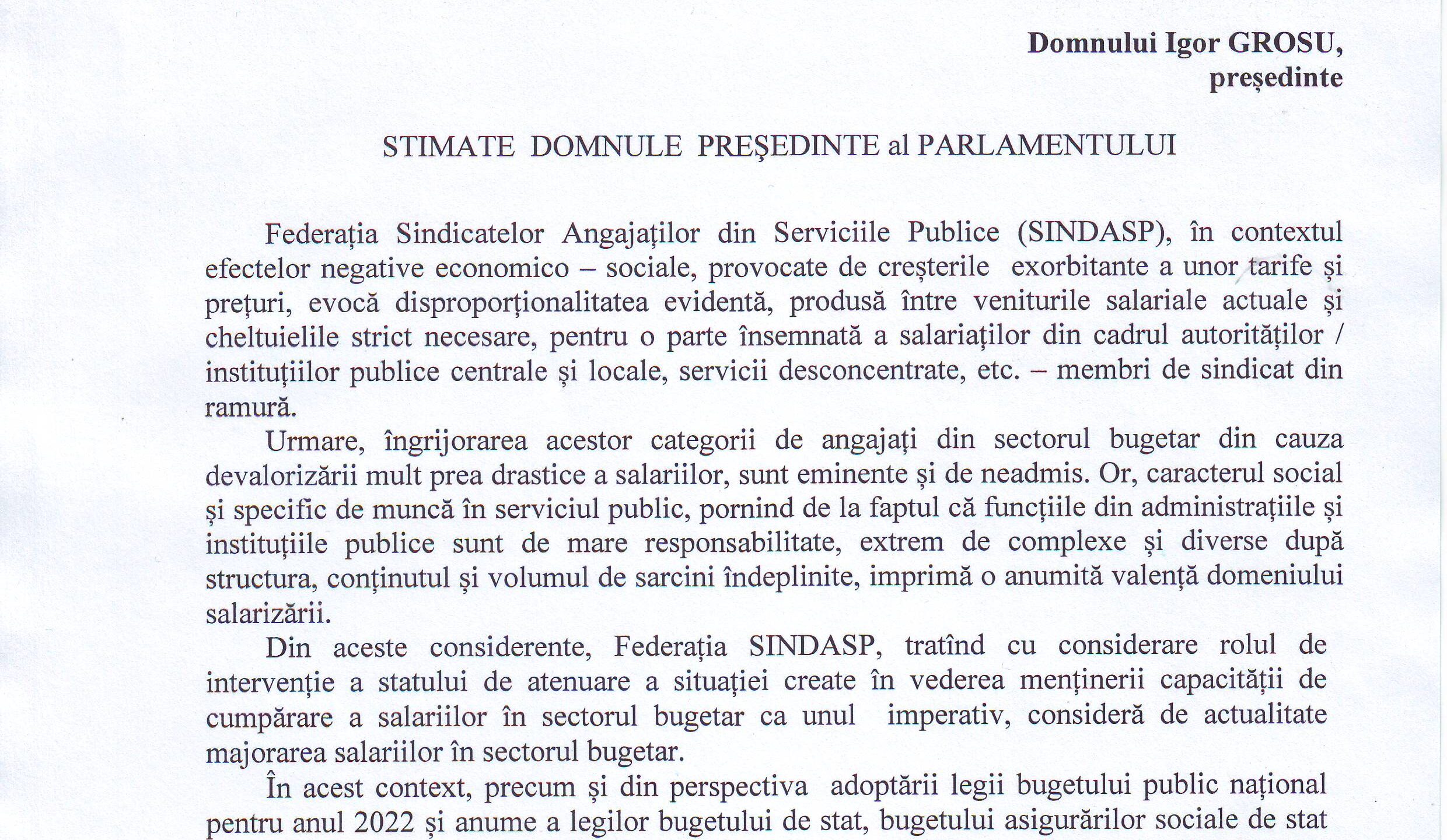 Cerințele Federației SINDASP expediate Parlamentului Republicii Moldova