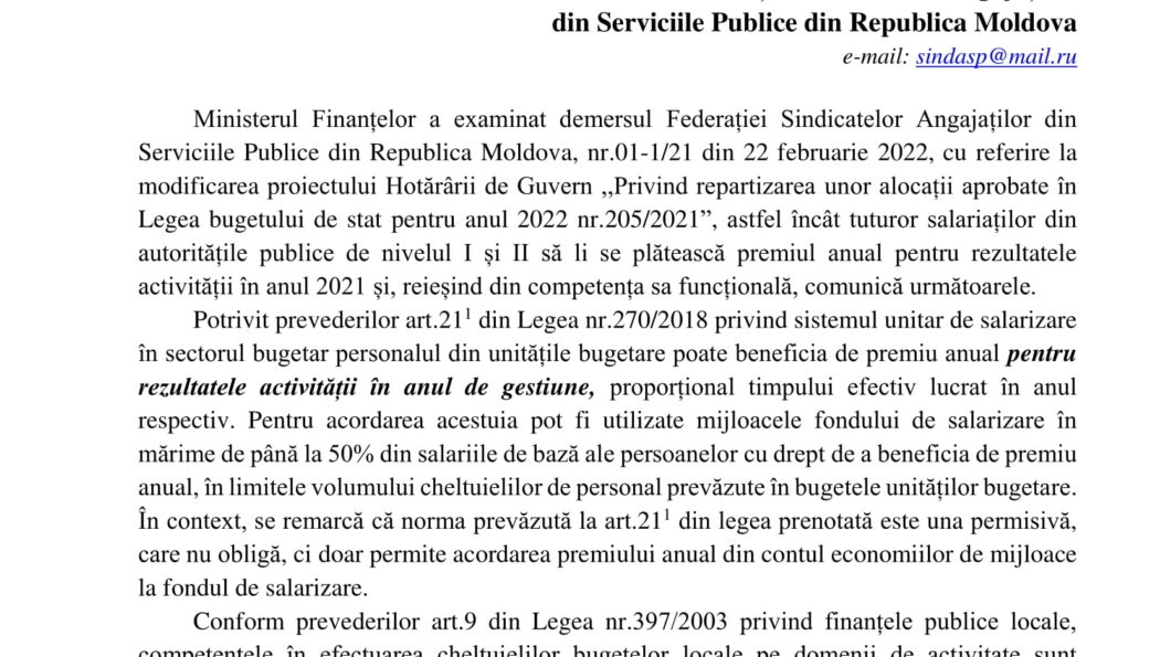 Răspunsul Ministerului Finanțelor al Republicii Moldova privind proiectul Hotărârii de Guvern ,,Privind repartizarea unor alocații aprobate de Legea bugetului de stat pentru anul 2022 nr.205/2021″