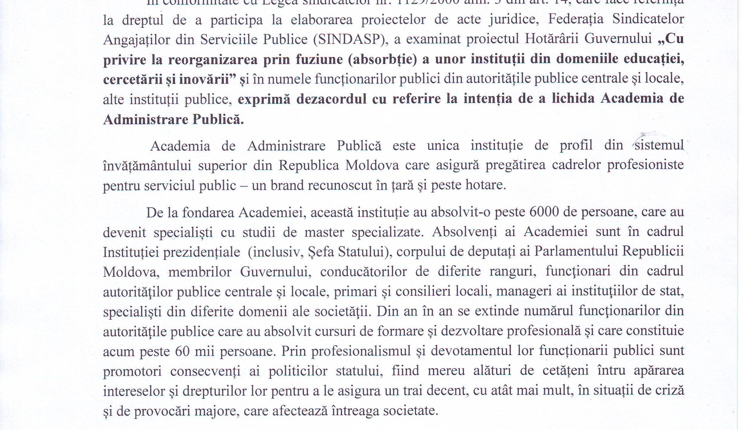 Declarația Federației SINDASP la proiectul Hotărârii Guvernului „Cu privire la reorganizarea prin fuziune (absorbție) a unor instituții din domeniile educației, cercetării și inovării” și anume Academia de Administrare Publică