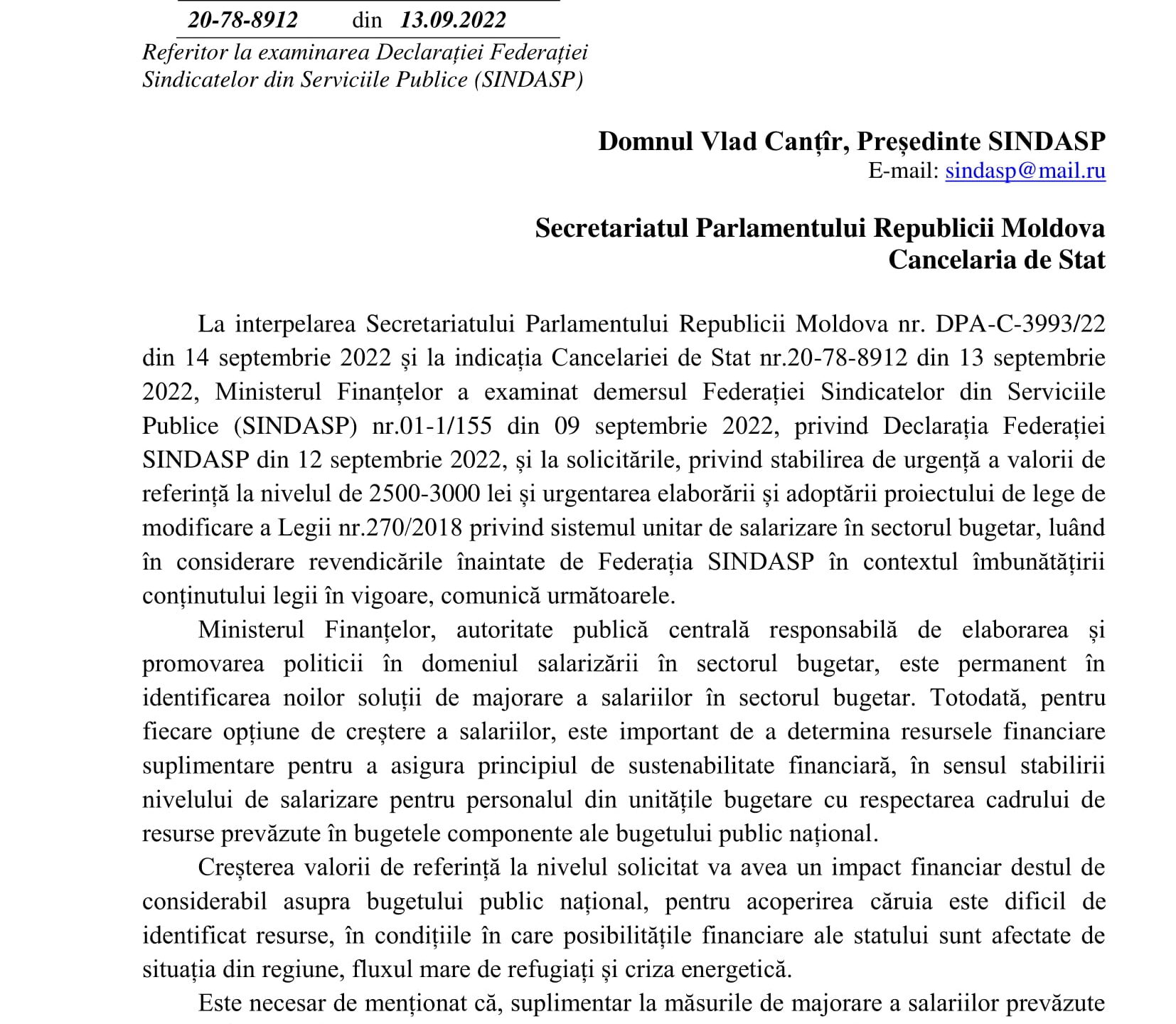 Răspunsul Ministerului Finanțelor la Declarația Federației Sindasp (la indicațiile Guvernului și Parlamentului Republicii Moldova)
