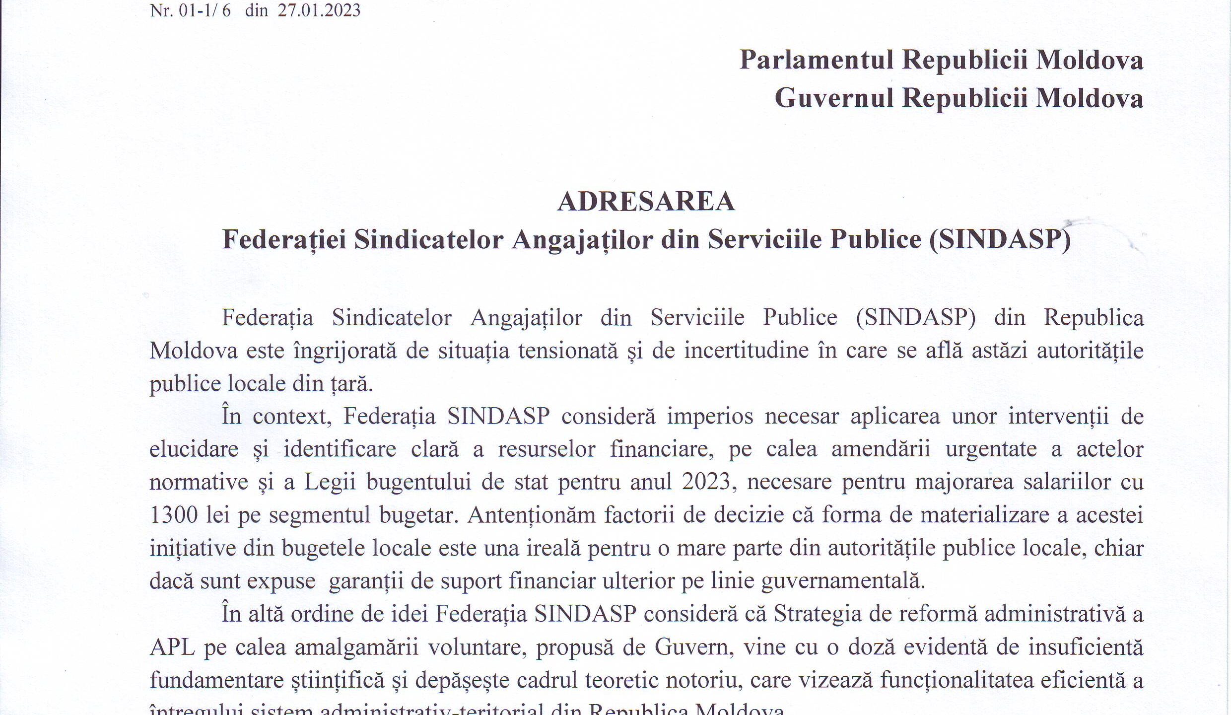 Adresarea Federației SINDASP cu privire la situația tensionată și de incertitudine în care se află astăzi autoritățile publice locale din țară, către Parlamentul și Guvernul Republicii Moldova