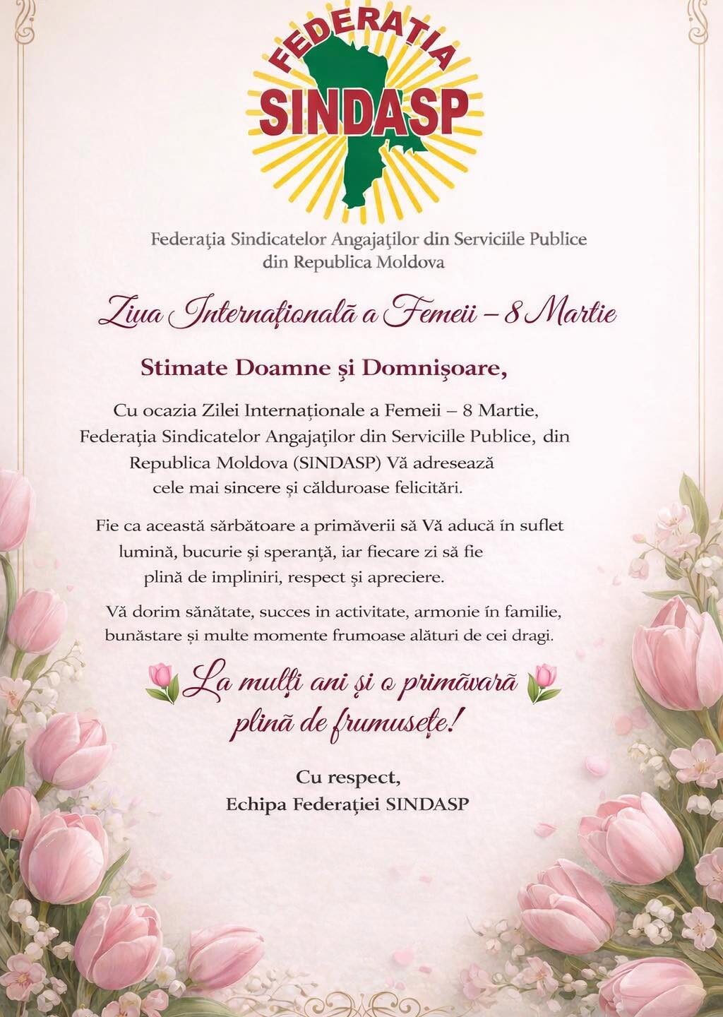 Mesaj de felicitare cu prilejul Zilei Internaţionale a Femeii – 8 Martie