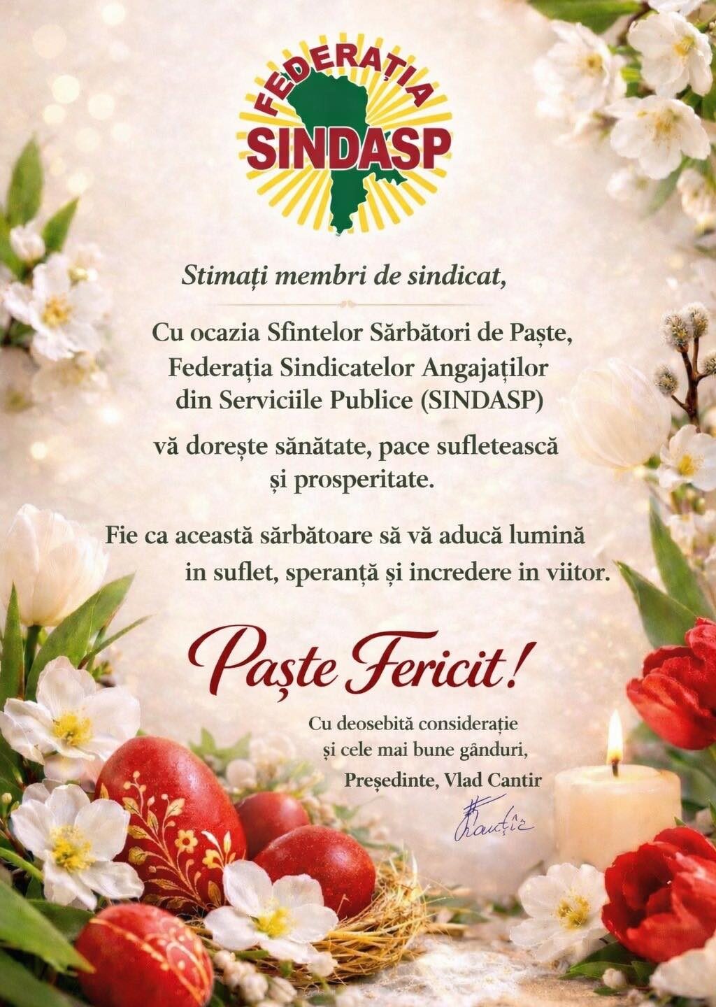 Mesaj de felicitare cu prilejul Sfintelor Sărbători Pascale