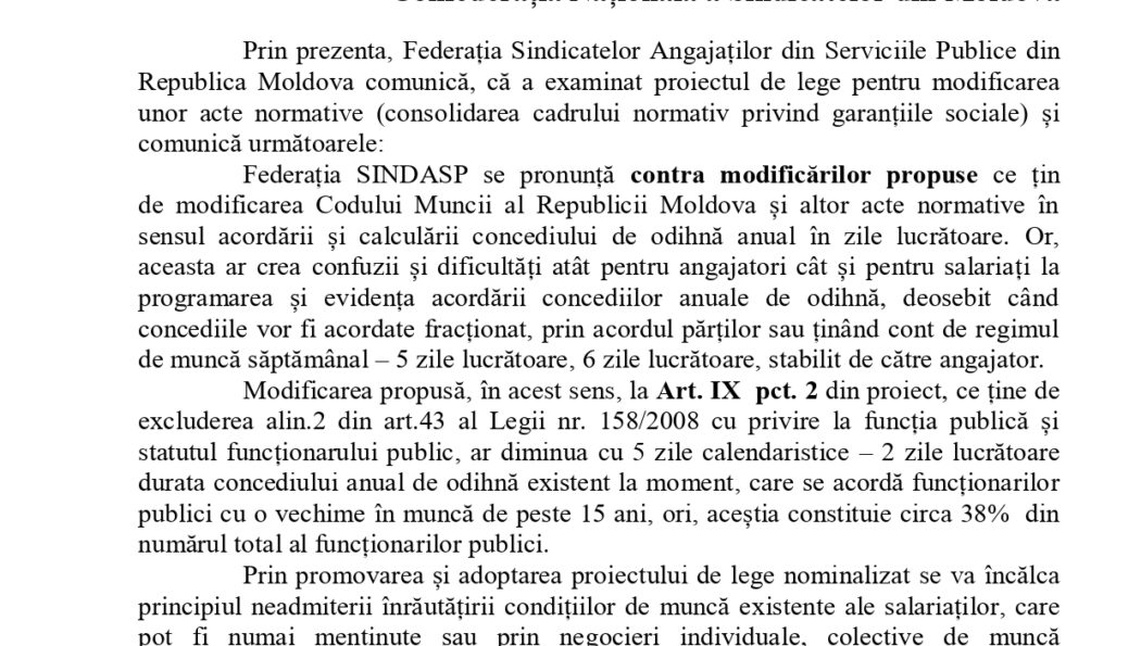 Opinia Federației SINDASP privind modificarea Codului muncii și Legii 158/2008 cu referire la zilele de concedii