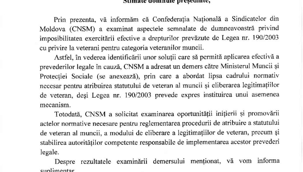 Propuneri pentru Legea 190/2003 pentru categoria veteranilor muncii