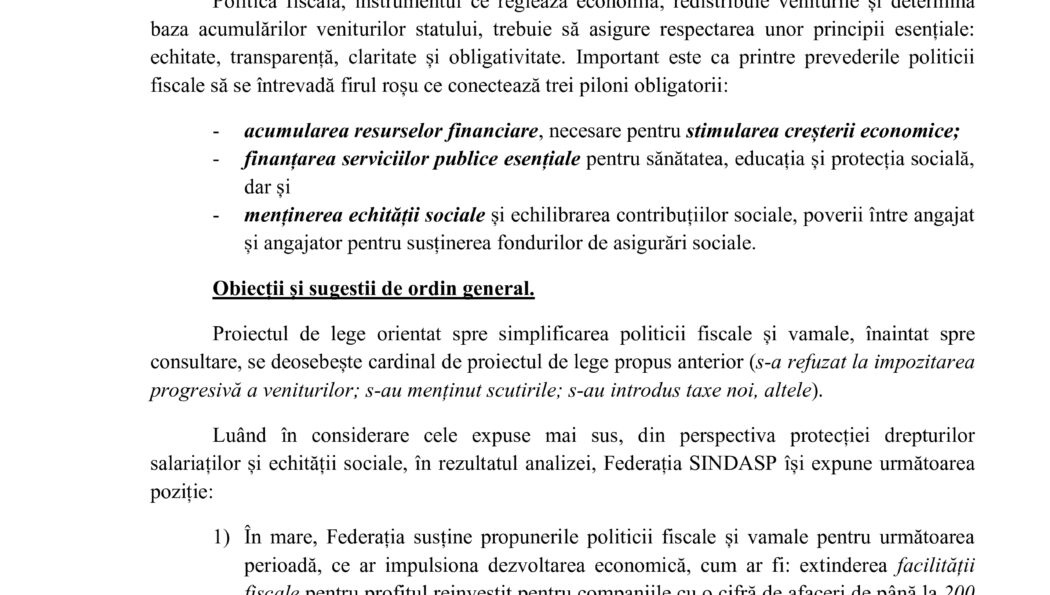 Avizul Federației Sindicatelor Angajaților din Serviciile Publice (SINDASP) cu privire la proiectul de lege pentru modificarea unor acte normative (privind simplificarea legislației fiscale și vamale), nr. unic 599/MF/2026