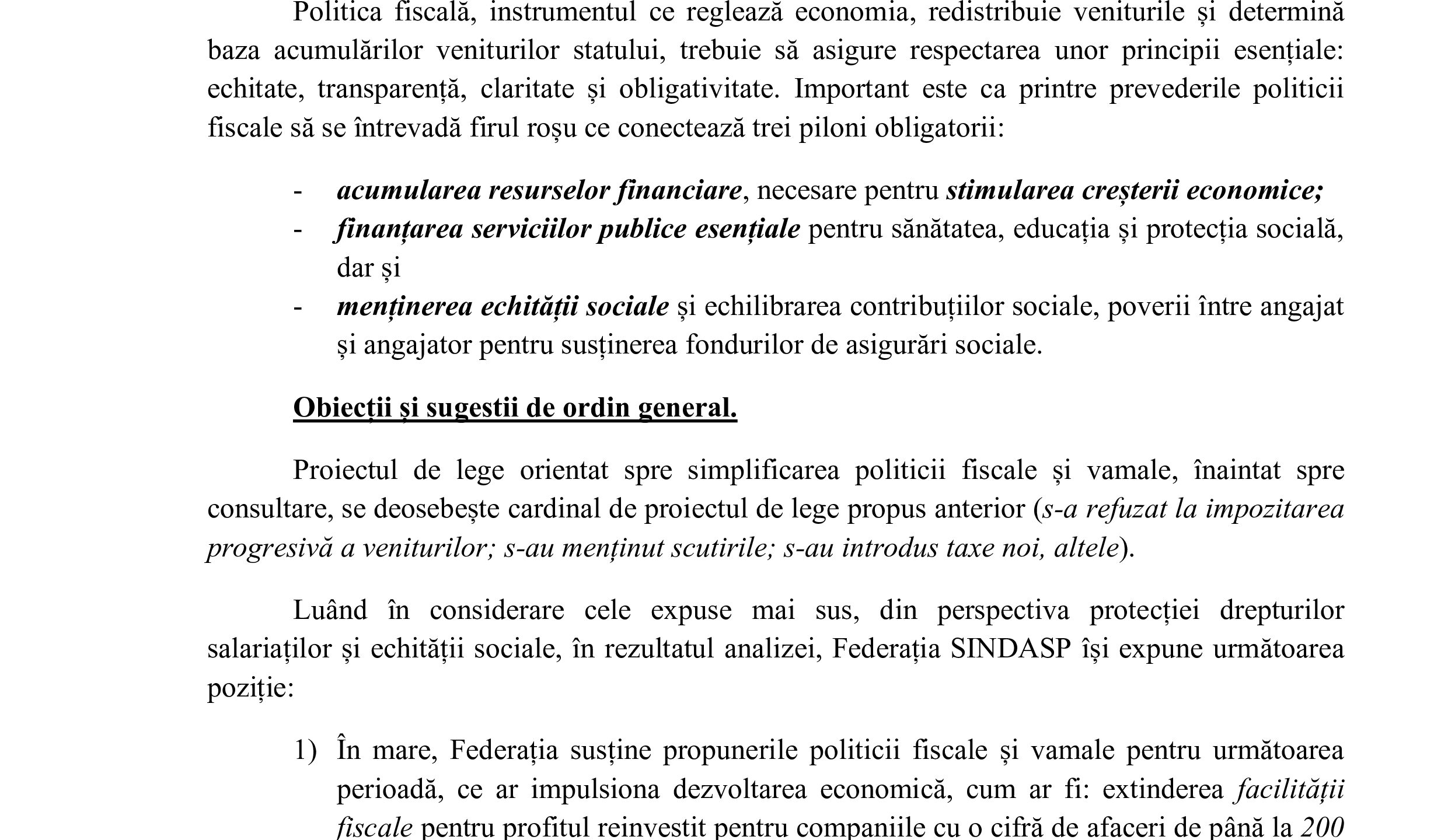 Avizul Federației Sindicatelor Angajaților din Serviciile Publice (SINDASP) cu privire la proiectul de lege pentru modificarea unor acte normative (privind simplificarea legislației fiscale și vamale), nr. unic 599/MF/2026