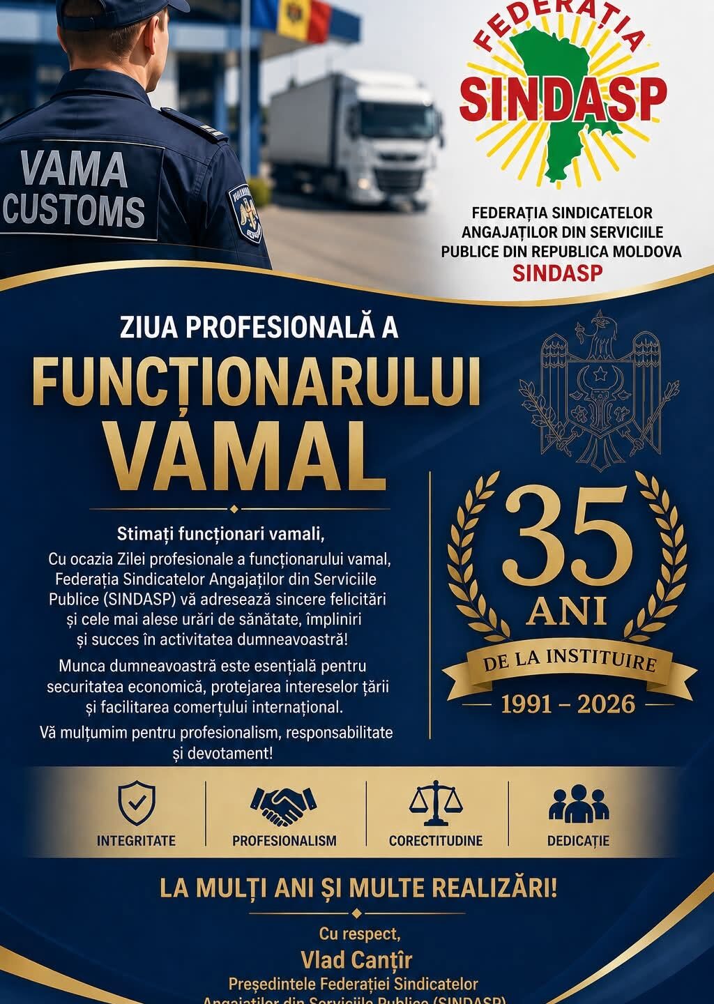 Mesaj de felicitare cu prilejul Zilei profesionale a funcționarului vamal