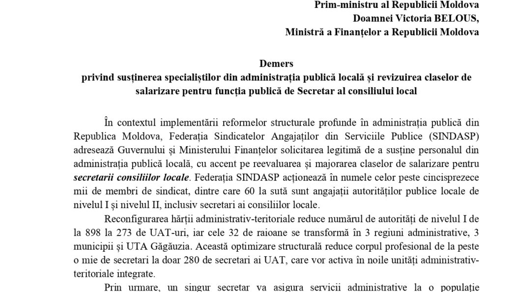 Demersul Federației SINDASP privind susținerea specialiștilor din administrația publică locală și revizuirea claselor de salarizare pentru funcția publică de Secretar al consiliului local